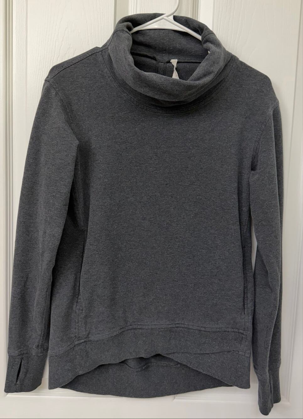 Lululemon On The Double Pullover heathered dark gray high cowl neck thumbholes 4